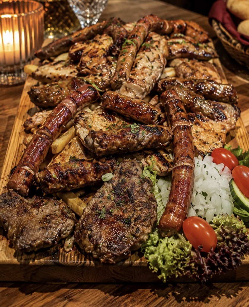 Großer gemischter Grillteller auf Holzbrett mit Ćevapčići, Würsten und Steaks